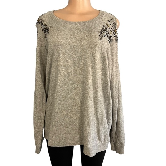 Anthropologie Deletta Embellished Bare Shoulder Grey Pullover Sweater - Picture 1 of 9
